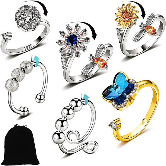 6PCS Angst Ring voor Vrouwen, Zilveren Fidget Ring voor Tienermeisjes, Verstelbare Open Spinner Ringen voor Angst Vrouwen Dochter, Verstelbare Fidget Ring voor Anti-Stress - Star Moon Finger Spinner