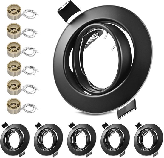 6x Inbouwspots GU10 Set - 6-delig Inbouwframes Mat Zwart incl. GU10-fitting - Draaibaar 30° - Boorgat Ø68-80mm - Ronde Metaal Frame Voor 50mm LED of Halogeen Lampen