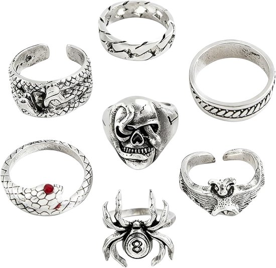 7-delige gothic zilveren damesring, vintage punk wind-ring, emo-ringen, stapelbaar, halange, ringenset, Y2K slang, schedel, ringen voor mannen en vrouwen