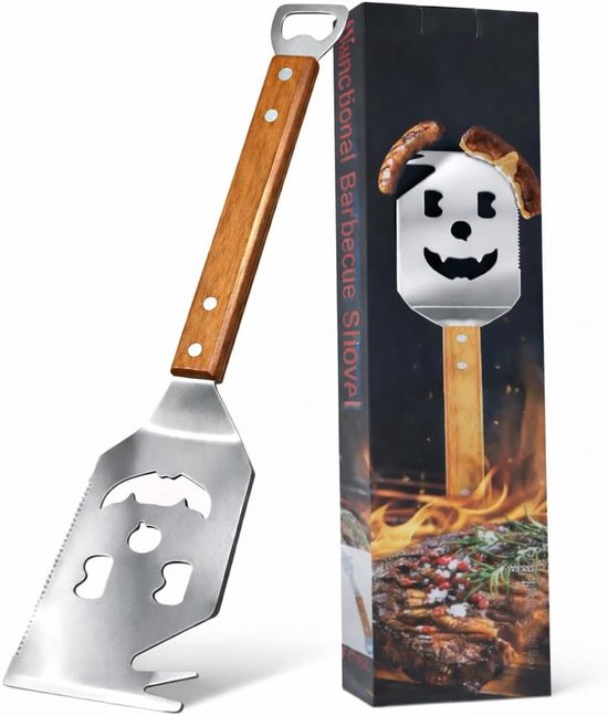7-in-1 BBQ grillspatel – multifunctioneel grillgereedschap voor barbecue en camping, roestvrij stalen grill-gebruiksvoorwerpen, set met flesopener, ideaal als grillcadeau voor mannen, papa of