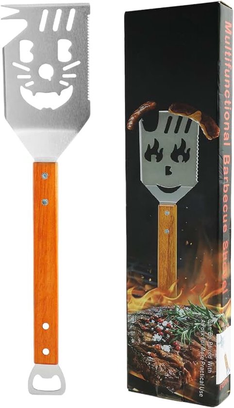 7-in-1 grillspatel voor barbecue, 41,5 cm, multifunctioneel grillbestek met houten handvat, creatieve grillspatel, grillgereedschap met klapvork, flesopener, ideaal als barbecuegeschenk voor mannen