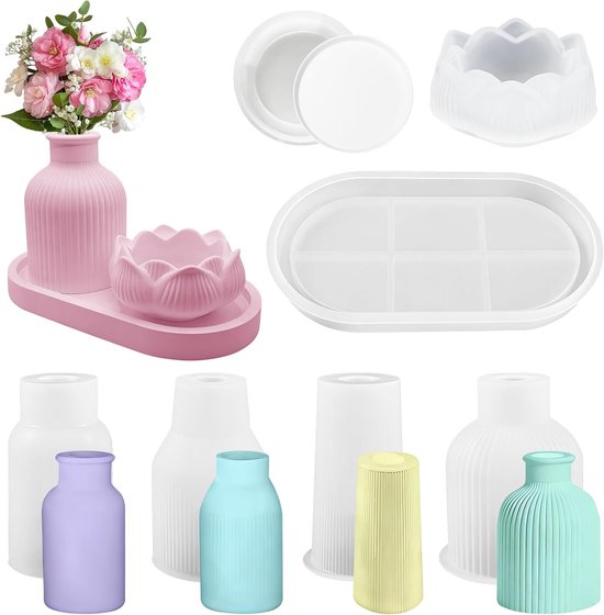 7 Stück Vase Silikonform,Silikonformen Gießformen Vase,4 Vase+2 Tablett+1 Lotusbasis,Handgemachtes DIY Silikonformen,