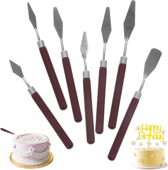 7 stuks schildermessen van roestvrij staal, spatel van roestvrij staal, schuine spatel voor gebak, paletmes, houten handvat, schraper voor taartdecoratie