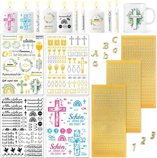 7 vellen communicatietatoeage, letterstickers, waterschuiffolie, kaarsdecoratie, wasletters en kaarsfolie
