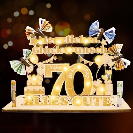 70e verjaardag vrouw mannen cadeau - geldcadeaus verjaardag, houten bord gastenboek 70e verjaardag decoratie cadeaus met LED lichtslingers, gepersonaliseerd cadeau, 70e verjaardag vrouw
