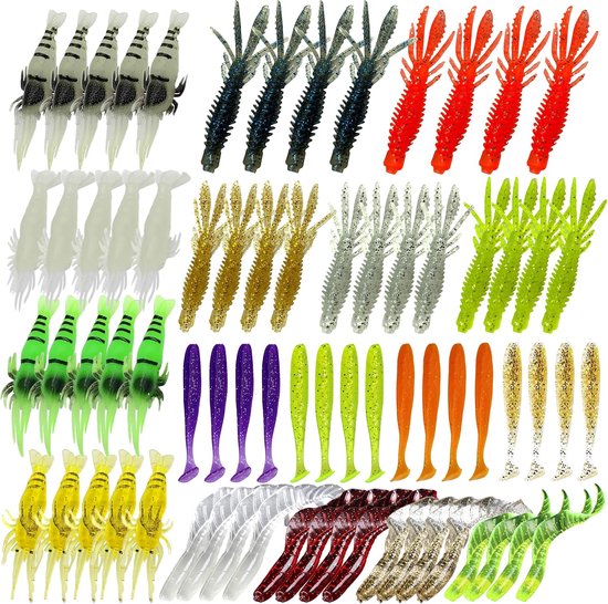 72 stuks rubberen aasset, 4 soorten visaas voor baars, snoekbaars, forel