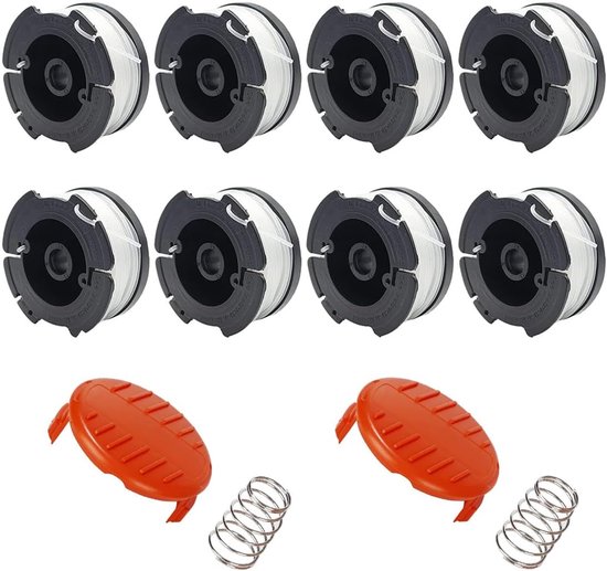 8 A6481- en A6485-draadrollen, geschikt voor Black & Decker-grasmaaiers STC1820CM, STC1820PC, STC1820EPPC, STC1840EPPC, ST5530, ST1823 en GLC1823L20 (8 draadrollen + 2 afdekkappen + 2 veren)