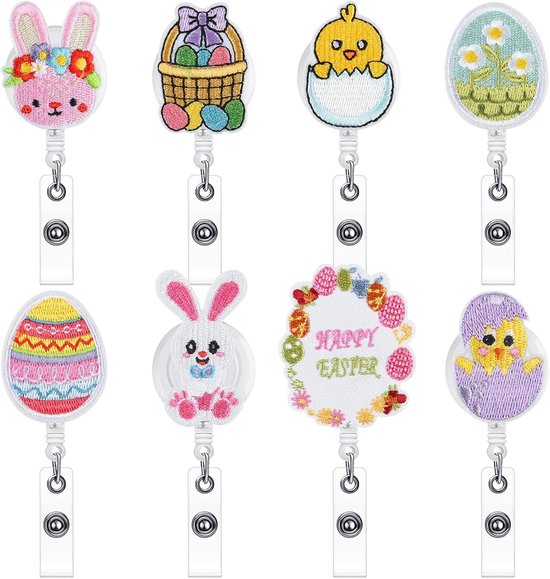8-delige Paas Vilt Badge Reel Set - Retractable Badge Holder voor Verpleegkundige en Arts ID Kaarten
