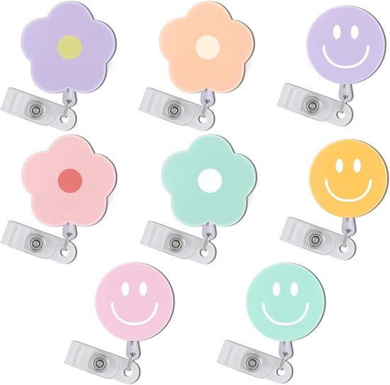 8-delige Retractable Badge Reel Set met Schattige Bloemen en Glimlach, ID Badge Houder voor Verpleegkundigen, Ziekenhuis en Apotheek Accessoires, Naamlabel Clip en Tag voor Identificatie