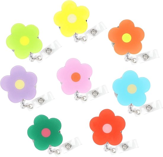 8-delige Roll-Up Badge Holders met Schattige Bloemen, Retractable ID Clip voor Verpleegkundigen, Onderwijs en Lanyard Accessoires