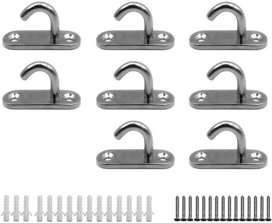 8-delige set RVS pad eye plates met zware ovalen open haken voor bevestiging van schommels, hangmatten en boten, ideaal voor maritieme toepassingen en wandmontage