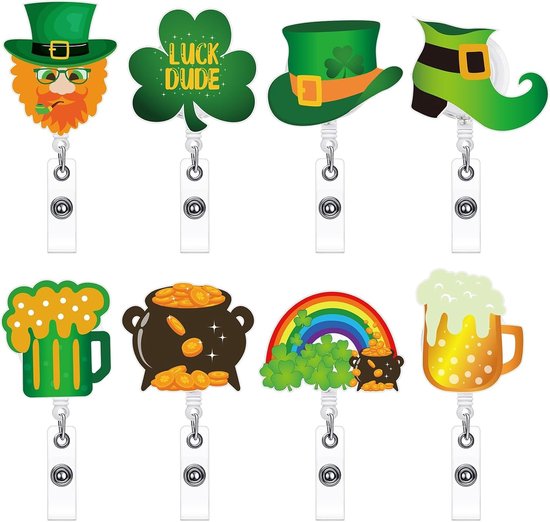 8-delige St. Patrick's Day Nurse Badge Reel - Acryl Retractable ID Kaart Houder voor Verpleegkundigen en Artsen