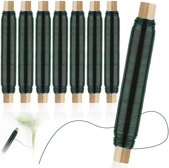 8 Rollen Gegalvaniseerd IJzerdraad met Houten Spoel, Flexibel 0.7mm x 35m, Tuindraad voor Bloemstukken, Creatief Modelleerwerk en Tuinieren
