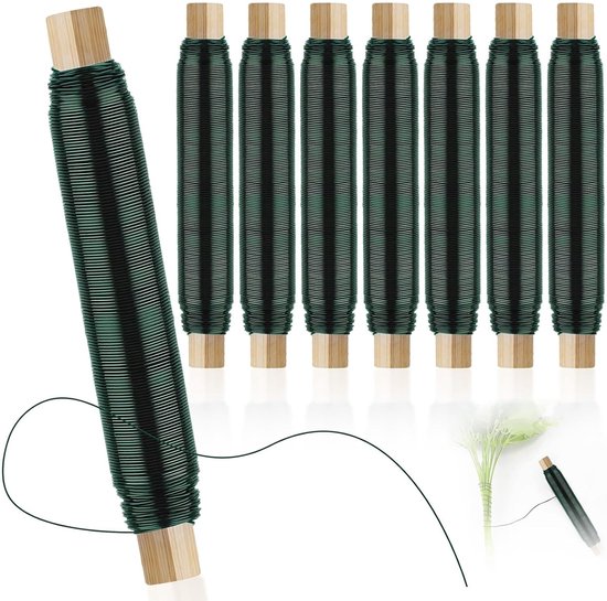 8 Rollen Gegalvaniseerd IJzerdraad met Houten Spoel, Flexibel Tuindraad 0.7mm x 35m voor Bloemschikken, Tuinieren en Creatieve Projecten