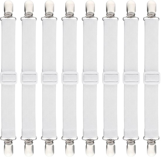 8 stuks bedlakenspanners, verstelbaar, 35-130 cm, elastische spanners met metalen clips, voor lakens, matras, bank en strijkplank, wit, praktische spanhulp voor huishouden en hotel