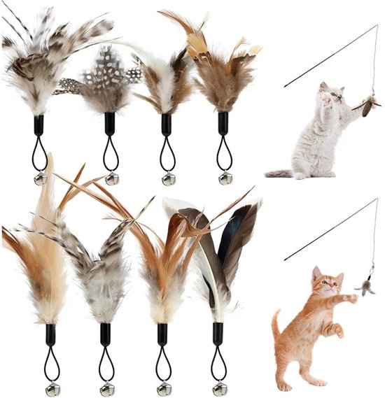 8 stuks hengel kattenspeelgoed, veerspeelgoed voor katten met bellen, reserveveren voor kattenhengel, veer hanger, kattenveren, speelgoed, vervanging voor beweging en interactief spel
