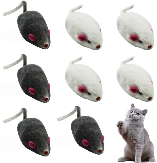 8 stuks kattenspeelgoed, kattenspeelgoed, muis, leuke kat plagen, konijnenbont muisspeelgoed, kattenzelfontspanning, kleine muis, 4,8 x 2,5 cm, grijs, wit, levering in een willekeurige kleur.