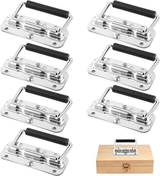 8 stuks roestvrij stalen klapgrepen, inklapbaar, 110 mm zilveren draaggreep, metalen handgrepen met lente, geveerde kistgreep met rubberen greep voor hardware boxen, gereedschapsbox, deur