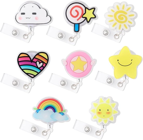 8 Stuks Schattige Badge Reel Met Retractable Badge Holder en Clip, Wolken, Regenbogen en Sterren Ontwerpen, Leuke Cartoon ID Badge Clips voor Verpleegkundigen, Artsen en Studenten