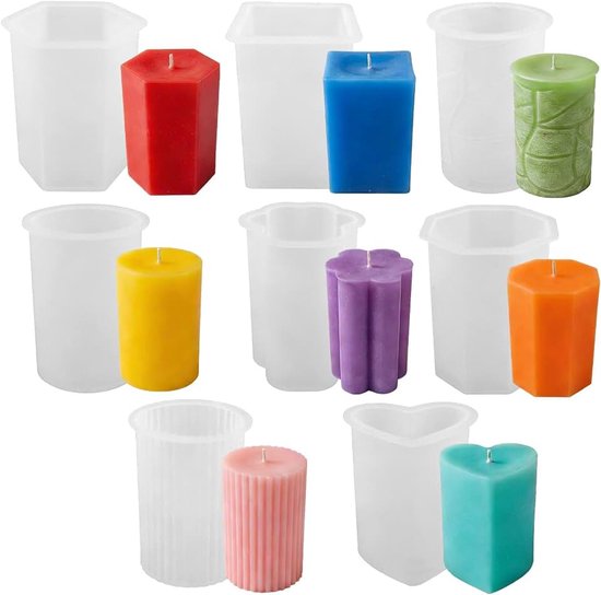 8 stuks siliconen kaarsenvormen, set voor het zelf maken van kaarsen, kaarsenvormen om te gieten, siliconen, DIY, cilinders, woonaccessoires, geschikt voor handgemaakte kaarsen, aromatherapie, zeep