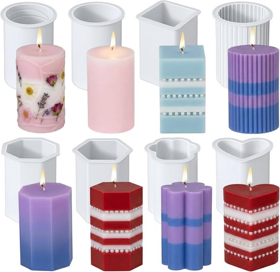8 stuks siliconen kaarsvormen, set voor het zelf maken van kaarsen, siliconen kaarsvormen, siliconen vormen, gietvormen, kaarsvorm voor het gieten, kaarsgietvormen voor Kerstmis, 7 cm, handwerk voor