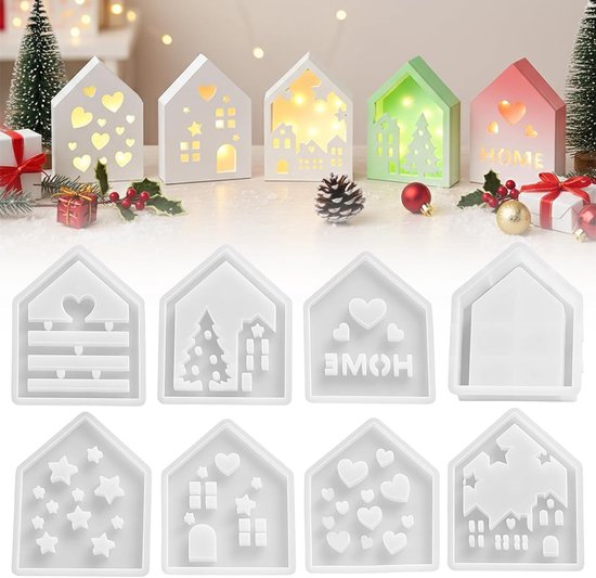8 stuks siliconen vormen gietvormen huizen 3D siliconen vorm huis Kerstmis | Gietvormen siliconen mini-huis, kaarsvorm, zeepvorm, epoxyhars, vormen voor zeep, gips, gietvorm