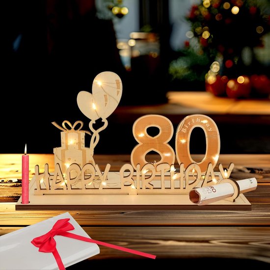 80 jaar geschenken, geldgeschenk verjaardag 80 met LED-lichtsnoer, 80e verjaardag, decoratie, wenskaart voor 80e verjaardag, gastenboek gemaakt van hout, cadeaus voor 80e verjaardag heren dames