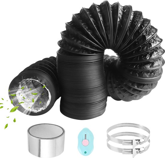 80mm lengte 6m PVC Flexibele Aluminium Pijpslang Aluminium Aluflex Slang met 2 RVS Slangklemmen en Aluminiumfolie Tape voor Airconditioners Wasdroger Afzuigkap (Zwart)