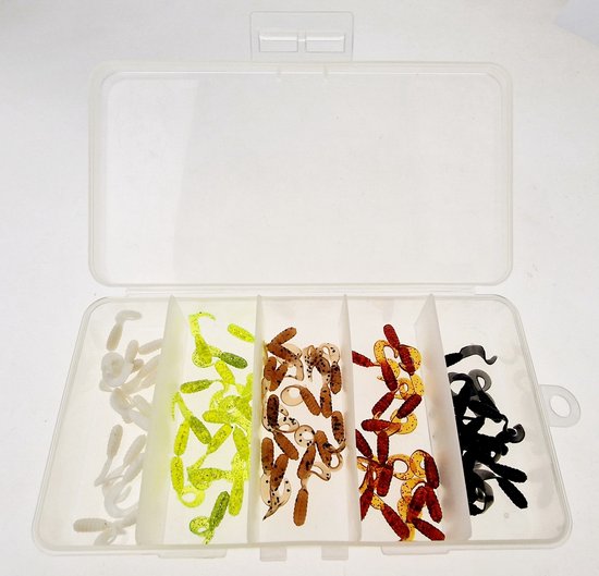 80x Twister enkel 2,5cm - 1 inch kunstaas assortiment A in diverse kleuren uit Amerika in een tackle box van Twister