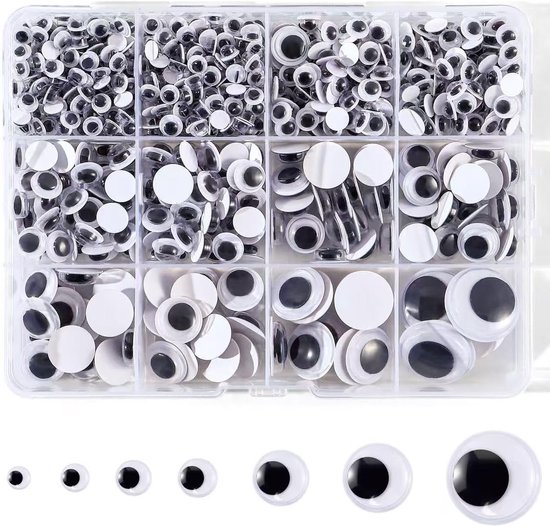 888 stuks Googly Eyes zelfklevende, kleverige wiggle googly ogen, 4 mm 5 mm 6 mm 7 mm 8 mm 10 mm 12 mm 14 mm 16 mm 18 mm grote en kleine googly ogen om te knutselen