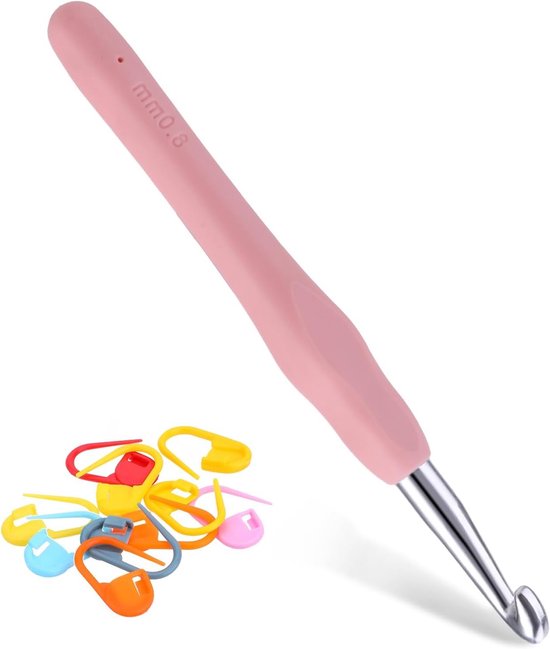 8mm Haaknaald, Lange Haaknaald met 10 Stuks Steekmarkeerders, Ergonomische Zachte Grip voor Comfortabel Haken en Beginners