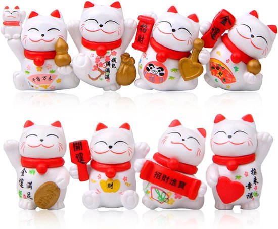 8Pcs Mini Maneki Neko Lucky Cat Beeldjes, Japanse Lucky Fortune Cat Beeldjes Zwaaien Fortuin Decor Ornamenten voor Home Car Office Decor(Wit)