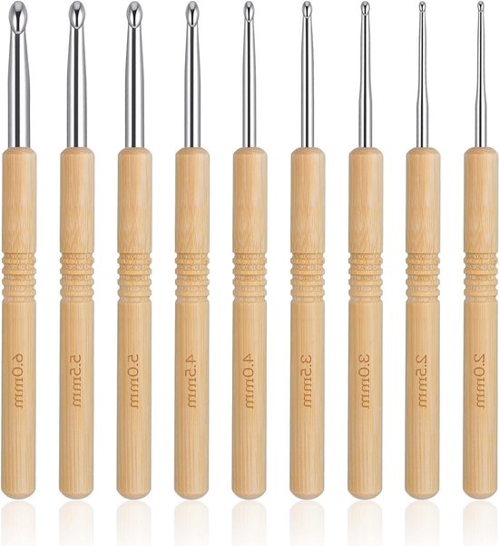 9-delige Haaknaalden Set met Houten Handvatten - Ergonomische Breinaalden voor Beginners (2.0/2.5/3.0/3.5/4.0/4.5/5.0/5.5/6mm) - Ideaal voor Haken en Breien
