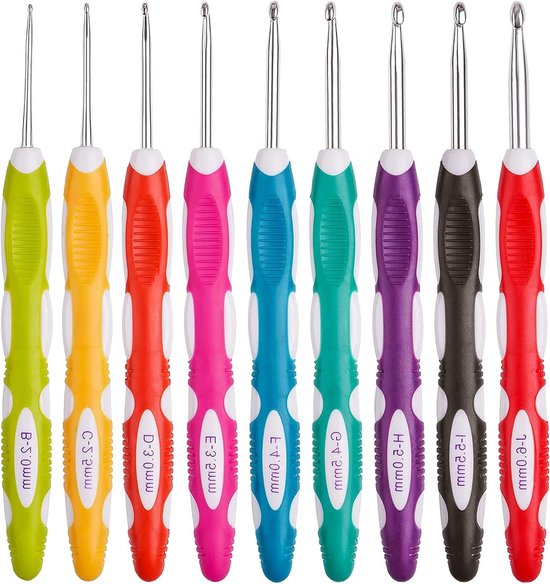 9-delige haaknaaldenset van roestvrij staal met kleurrijke siliconen handgreep, ergonomisch en antislip, ideaal voor beginners en brei-projecten