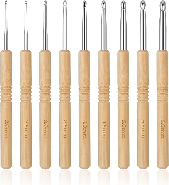 9-delige Haaknaaldset met Houten Handvatten - Ergonomische Haaknaalden voor Beginners en Gevorderden (2.0/2.5/3.0/3.5/4.0/4.5/5.0/5.5/6mm) - Ideaal voor Haken en Breien