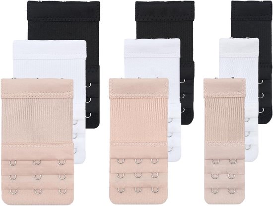 9-Pack Bh Extenders met 3 en 2 Haken, Bh Verlengers voor Comfort, Zachte en Elastische Sluitingen in Zwart, Wit en Huidskleur