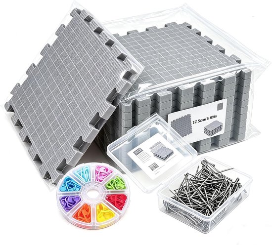 9 stuks blokkeermatten 32 x 32 cm met 104 paperclips en 100 T-naalden, opbergzak voor handwerk en haken (grijs)