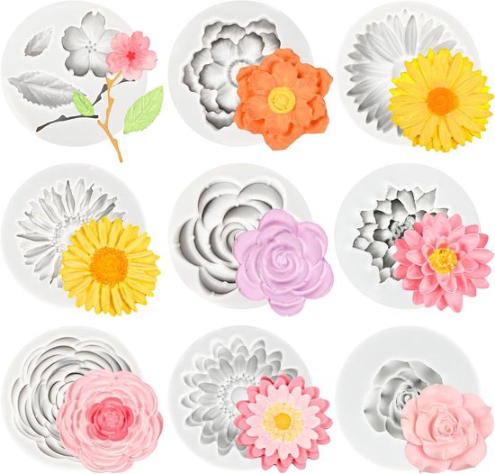 9 stuks siliconen vormen, bloemen, 3D madeliefjes, siliconen vormen, gietvormen, kaarsvormen om te gieten, kaarsvorm voor chocolade, snoep, gebak, dessert