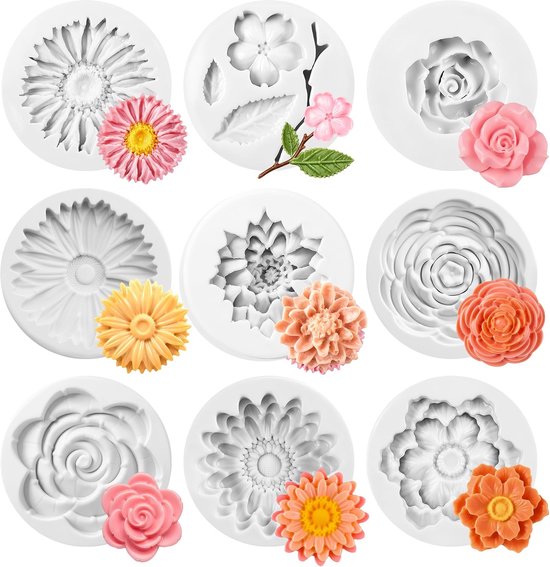 9 stuks siliconen vormen bloemen, 3D roos bloem kaarsvormen siliconen | Siliconen vormen voor handgemaakte kaarsen en zeep, taartdecoratie, cupcake-topper, zeepkaarsen