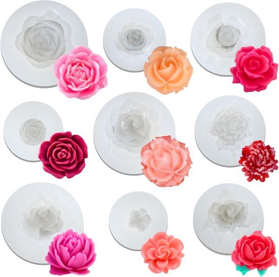 9 stuks siliconen vormen bloemen, 3D-rozenbloesem, siliconen vormen, kaarsvormen, siliconen, kaarsvormen voor het gieten van doe-het-zelf kaarsen, zeep, gipshars, handwerk