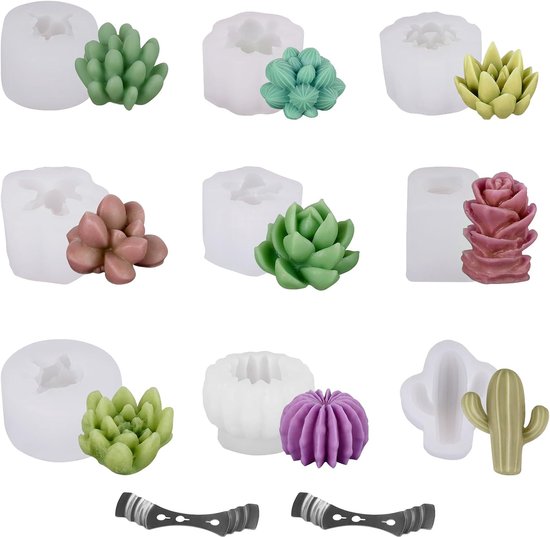 9 stuks siliconen vormen, gietvormen, kaarsen zelf maken, vormen, siliconen set, cactusvorm, vetplanten, kaarsvormen om te gieten, 3D-siliconenvorm voor doe-het-zelf aromatherapie, kaarsen