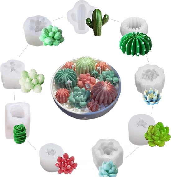 9 stuks vetplanten-cactusvorm, siliconen vorm voor vetplanten en cactus, kaarsen, zeep, was, hars, gieten, kunst, handwerk