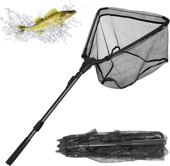90 cm, opvouwbaar, telescopisch schepnet, stabiel driehoekig frame, rubberen visnet voor vijver, beek, meren en bootvissen