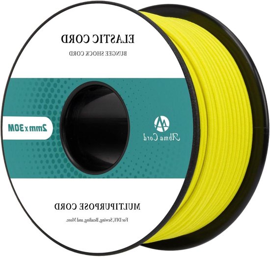 Abma Cord Elastisch Koord 2mm x 30m Elastische Draad Elastieken Rond Touw voor Handwerk, Sieraden, Armband, Naaiwerk, Rugzak, Tentstokken, Kamperen - Fluorescerend Geel