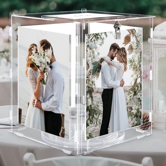 Acryldoos voor bruiloftskaarten, met fotolijst van 15 x 20 cm, draaibare brievenbus met slot en envelop voor recepties, jubileum, verjaardagsfeest (transparant)