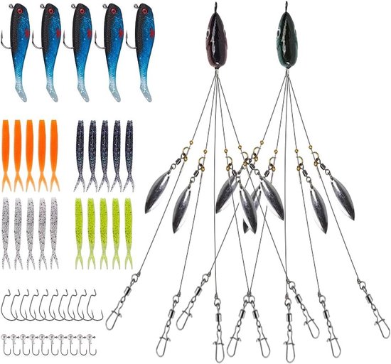 Alabama Rig voor Roofvissen met 20 Swimbaits, 5 Rubber Baits en 20 Haakjes voor Snoek, Zander en Baars