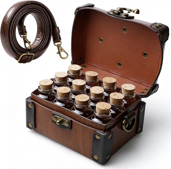 Alchemistenkist van kunstleer met 12 kurk elixerflesjes en verstelbare schoudertas, fantasie sieradendoos voor DnD LARP renaissance festivals cosplay-evenementen, 14×11×8 cm