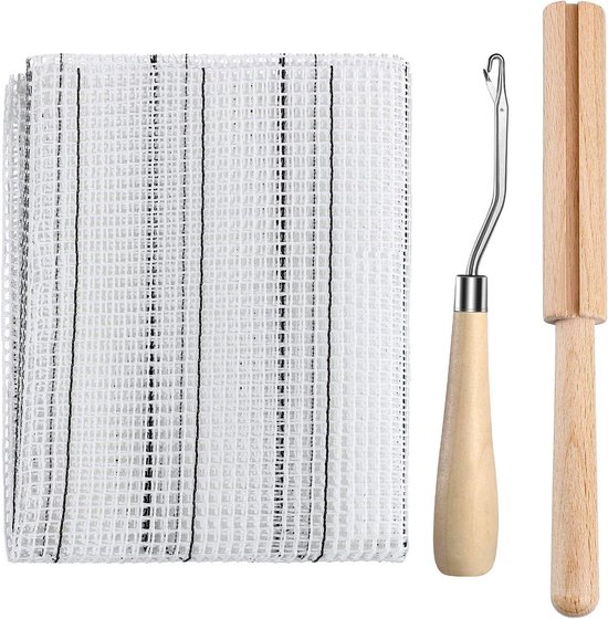 Allecto- Knooptapijtgereedschap - Set - Meshdoeken - Houten - Gebogen - Garensnijder - DIY - Borduurbenodigdheden - Tapijt - Wandtapijt - Maken - 3-delige set - Canvas