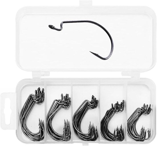 Allecto Plus - Offset haken set: 50 stuks diverse maten worm jighaken, inkl. kunststof dozen. Gemaakt van koolstofstaal voor zacht aas. Jigging vishaken voor visaccessoires. van Allecto Plus