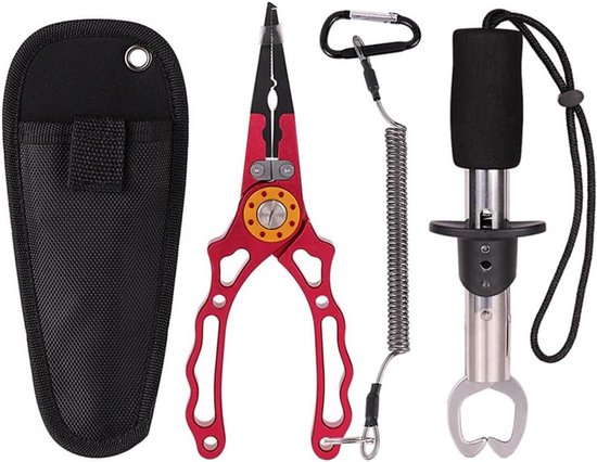 Allecto Plus - Visgereedschap set voor vissen - Aluminium vistang met multitool functionaliteit - Blauwe visklem en schaar tang - Viscontroleapparaat met veiligheidstas - Handige vis accessoires